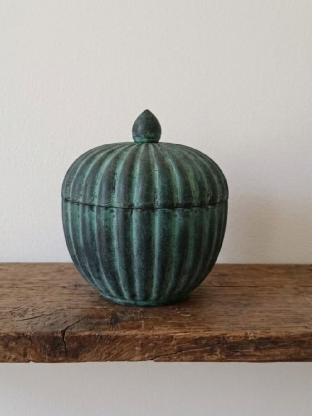 Vintage Heavy Bronze Lidded Trinket Dish Handmade in Thailand Verdigris Ribbed
